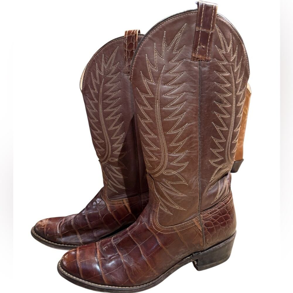 Acme Brown Dark Brown Alligator Print Leather Mens Size 9.5D Western Boots